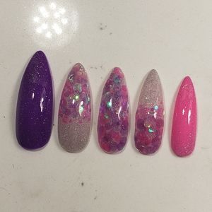 Custom Gel Press on Nails 10 pc set SMALL pink purple halo chunky glitter